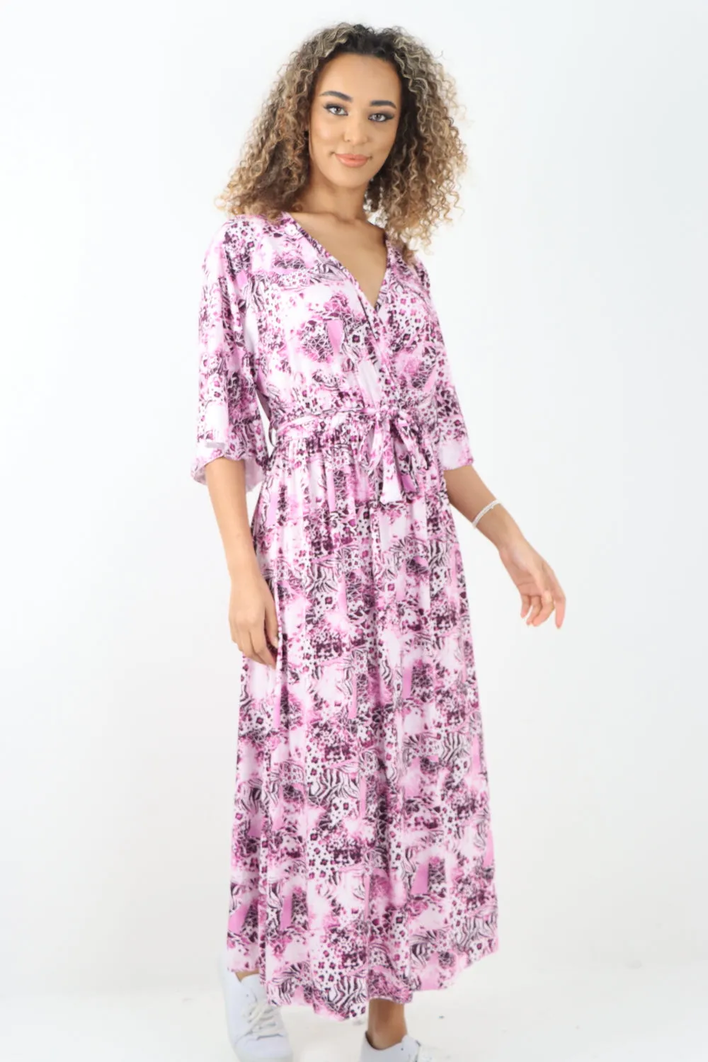 Italian Printed Wrap Over Belted Maxi Dress