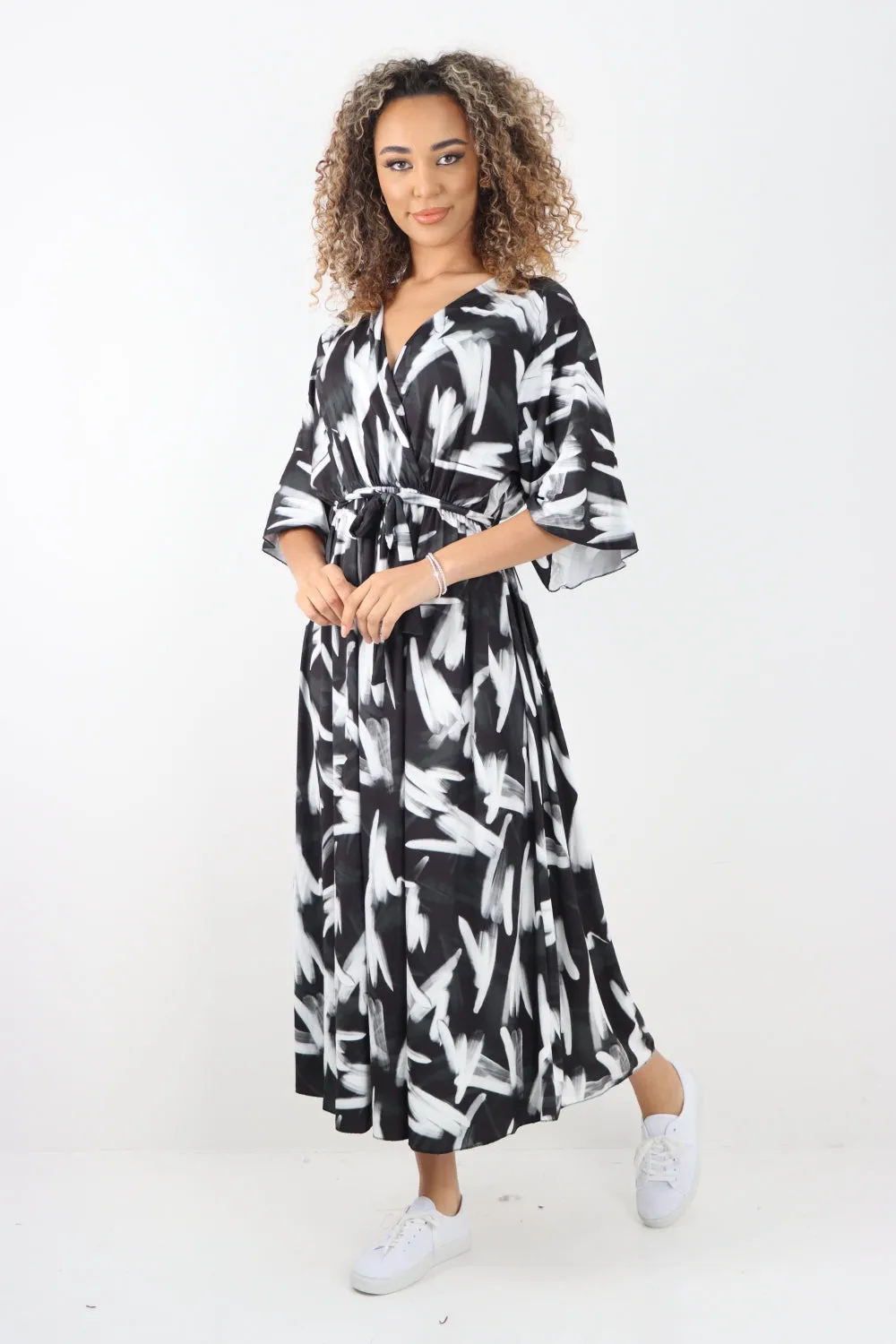 Italian Printed Wrap Over Belted Maxi Dress