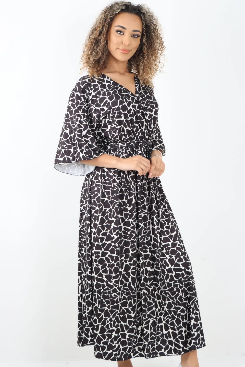 Italian Printed Wrap Over Belted Maxi Dress
