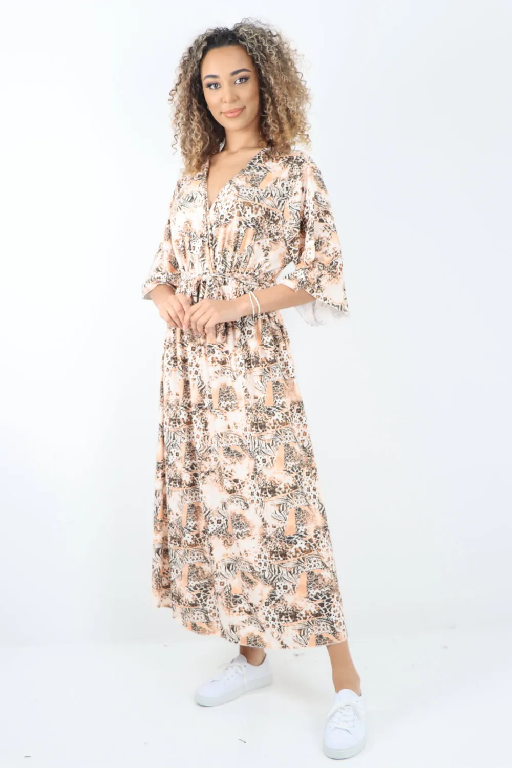 Italian Printed Wrap Over Belted Maxi Dress