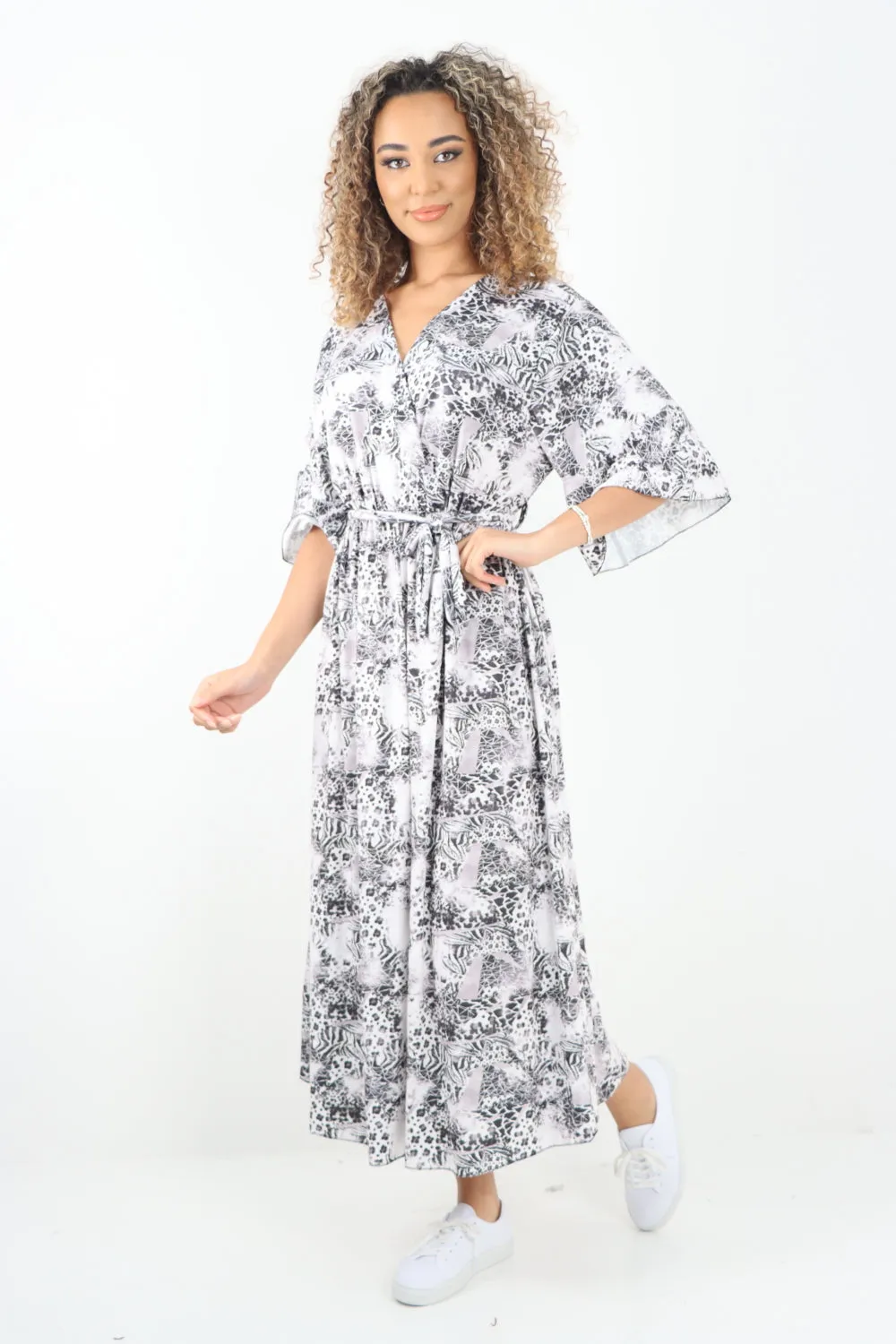 Italian Printed Wrap Over Belted Maxi Dress