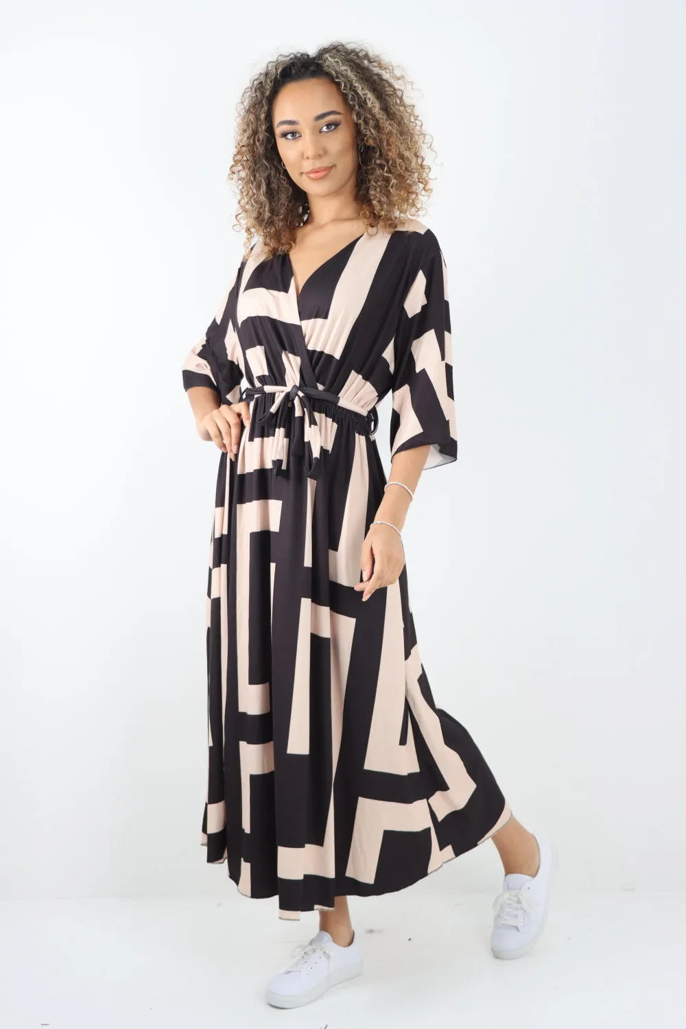Italian Printed Wrap Over Belted Maxi Dress