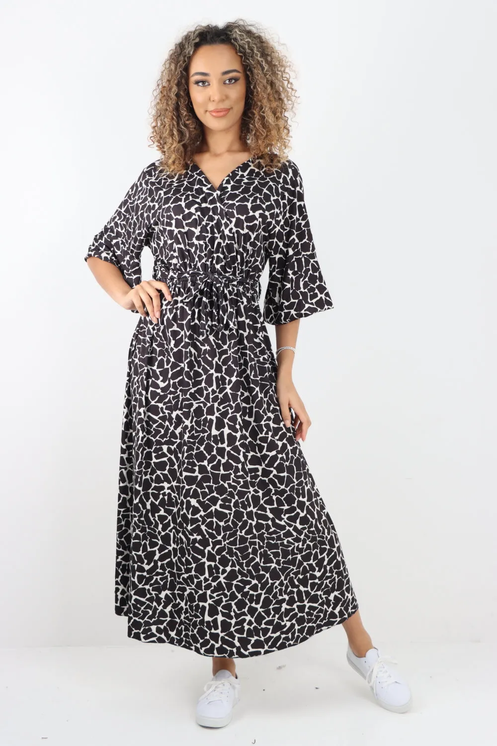 Italian Printed Wrap Over Belted Maxi Dress