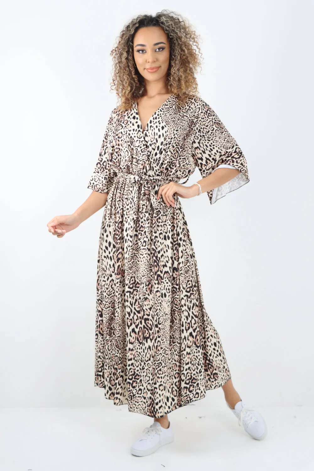 Italian Printed Wrap Over Belted Maxi Dress