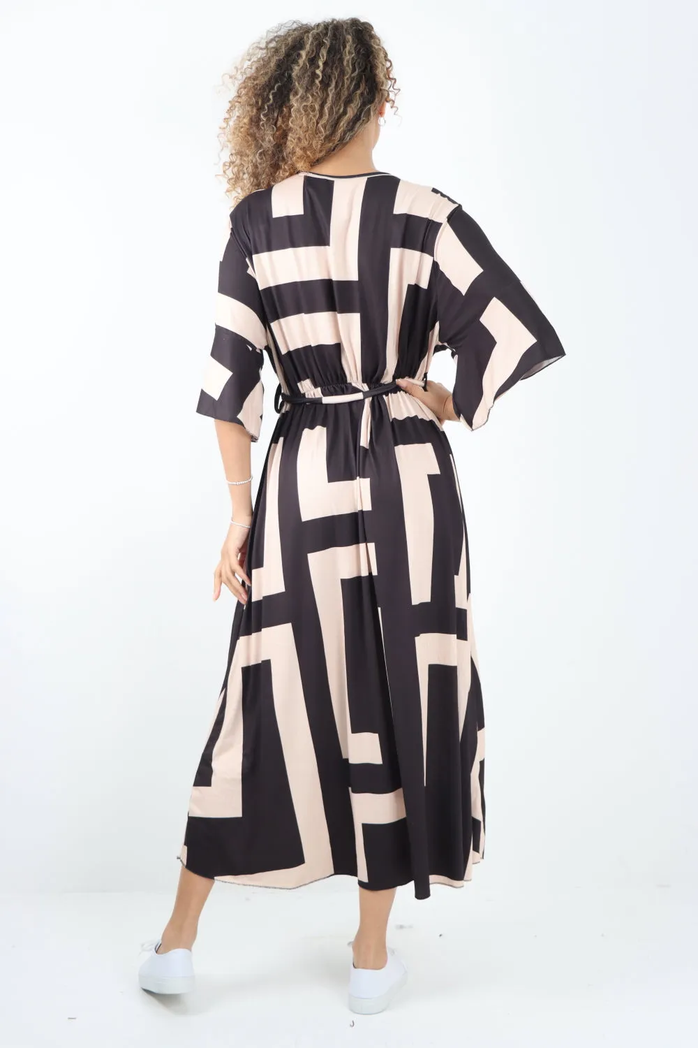 Italian Printed Wrap Over Belted Maxi Dress
