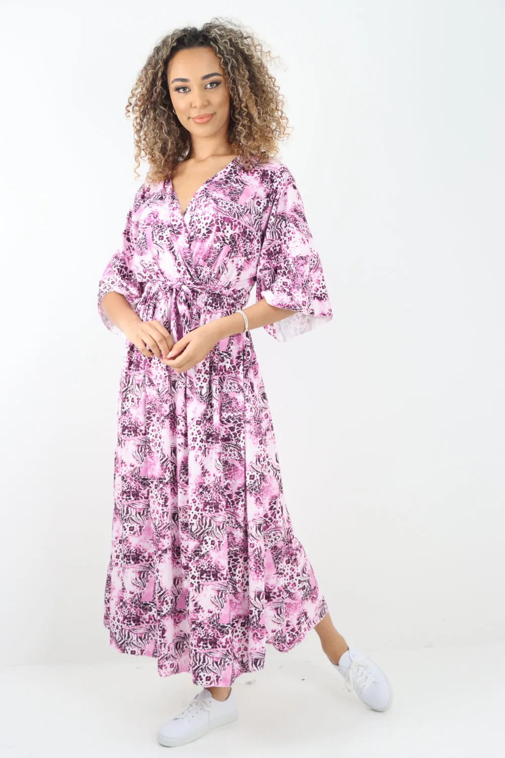 Italian Printed Wrap Over Belted Maxi Dress