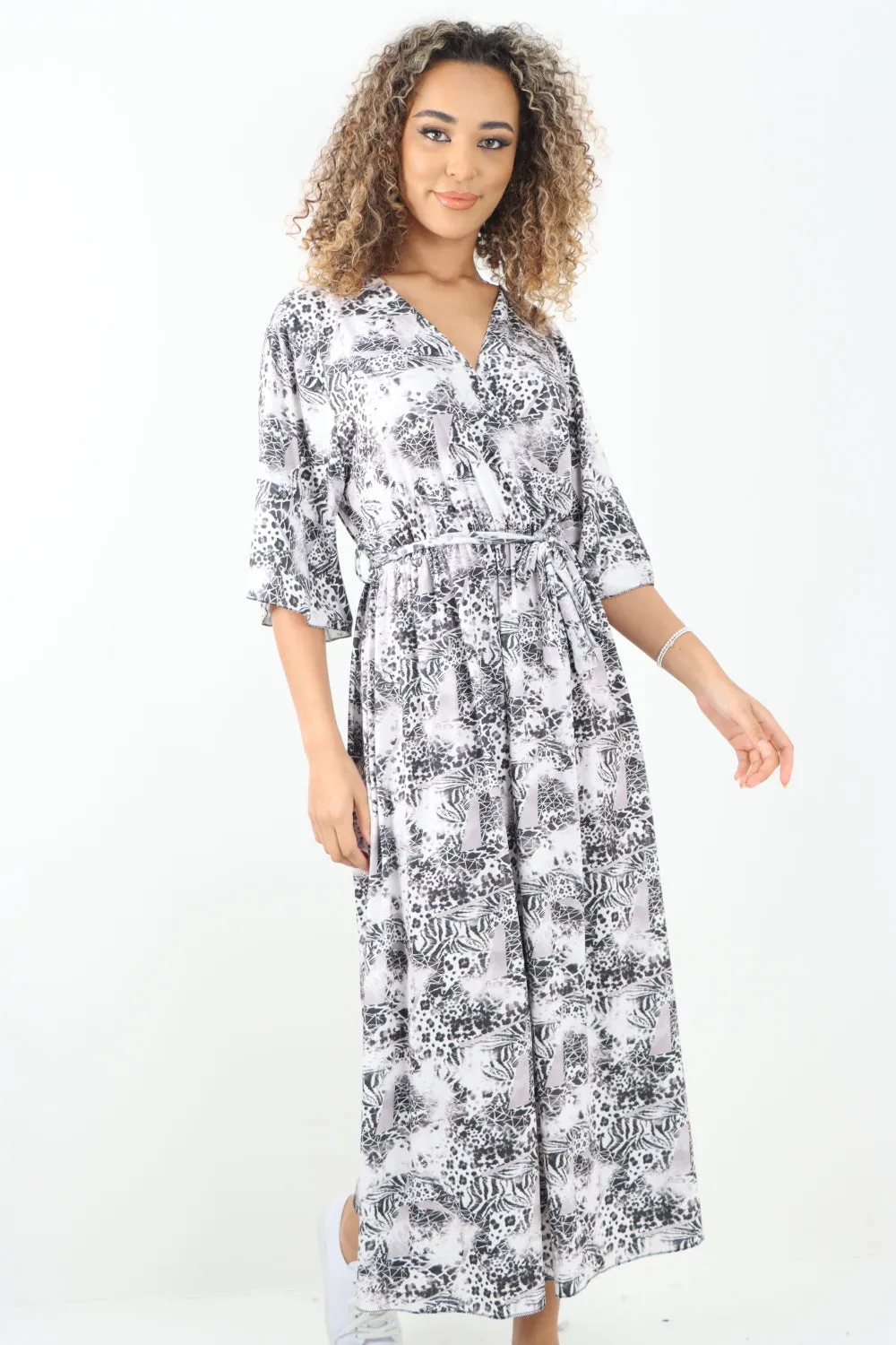 Italian Printed Wrap Over Belted Maxi Dress