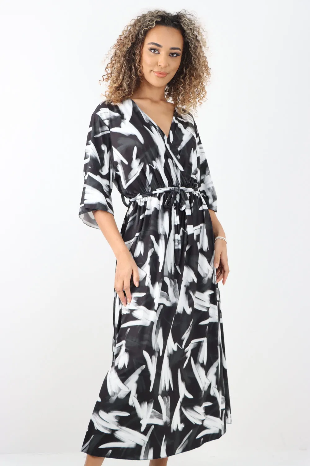 Italian Printed Wrap Over Belted Maxi Dress