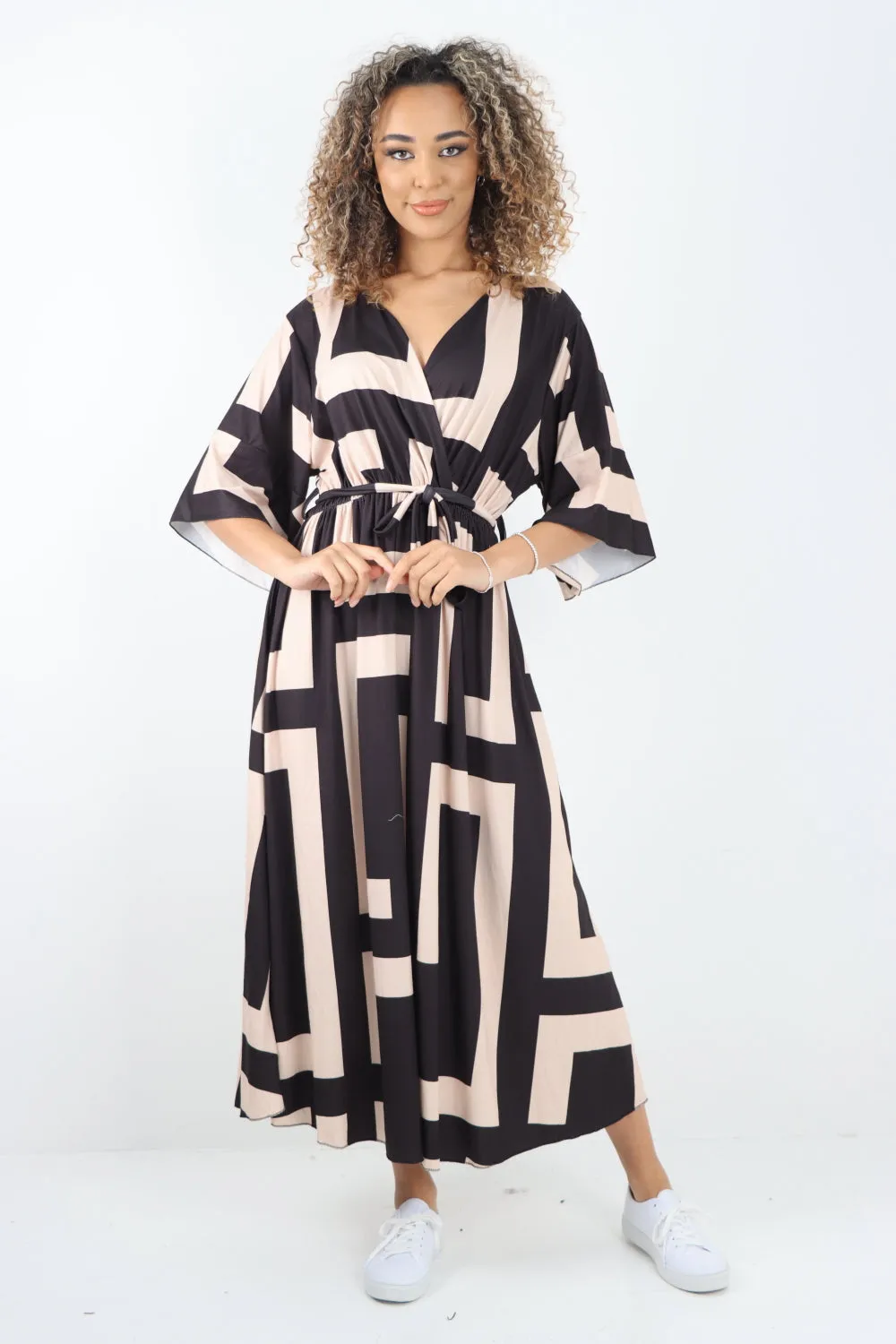Italian Printed Wrap Over Belted Maxi Dress