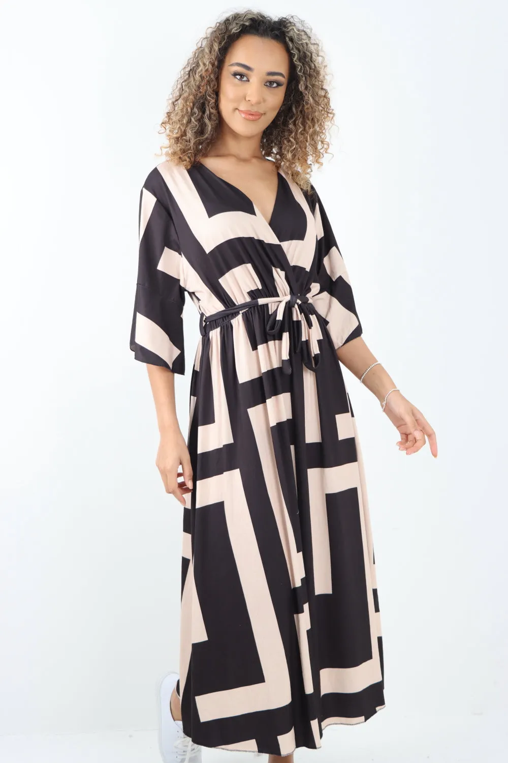 Italian Printed Wrap Over Belted Maxi Dress