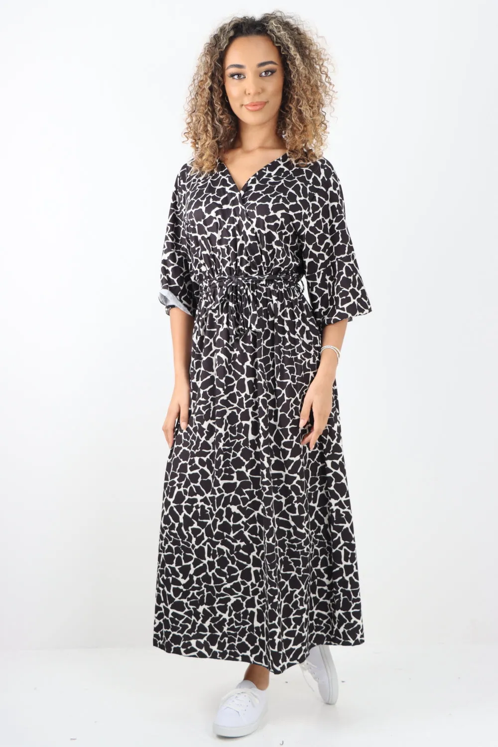 Italian Printed Wrap Over Belted Maxi Dress