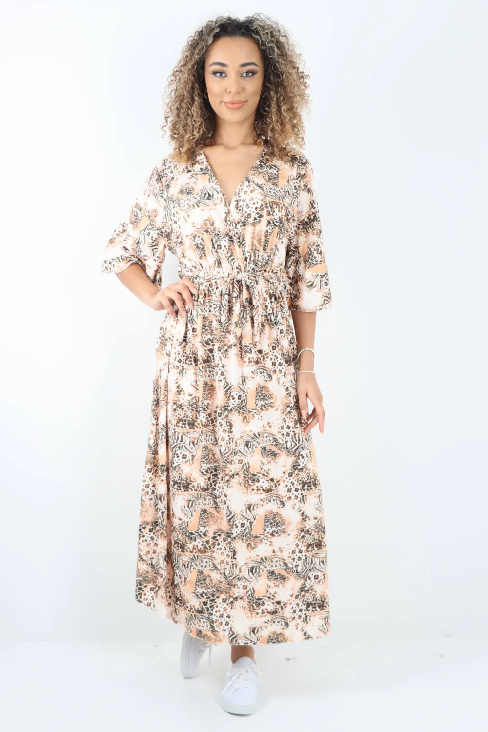 Italian Printed Wrap Over Belted Maxi Dress