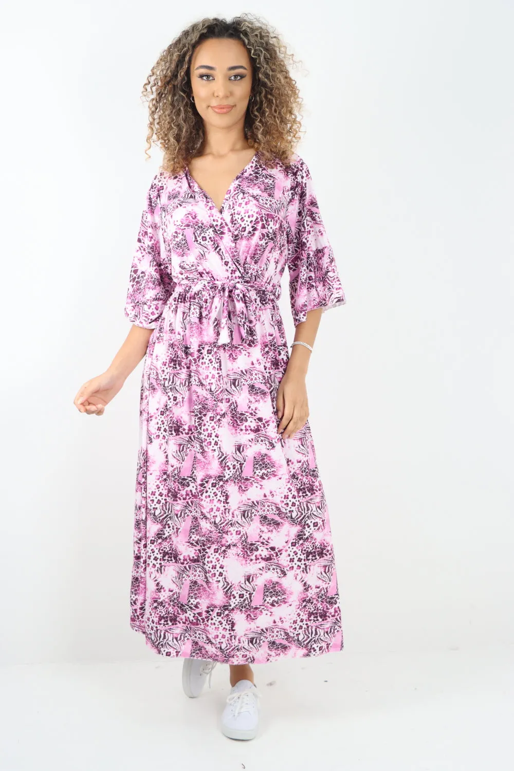 Italian Printed Wrap Over Belted Maxi Dress