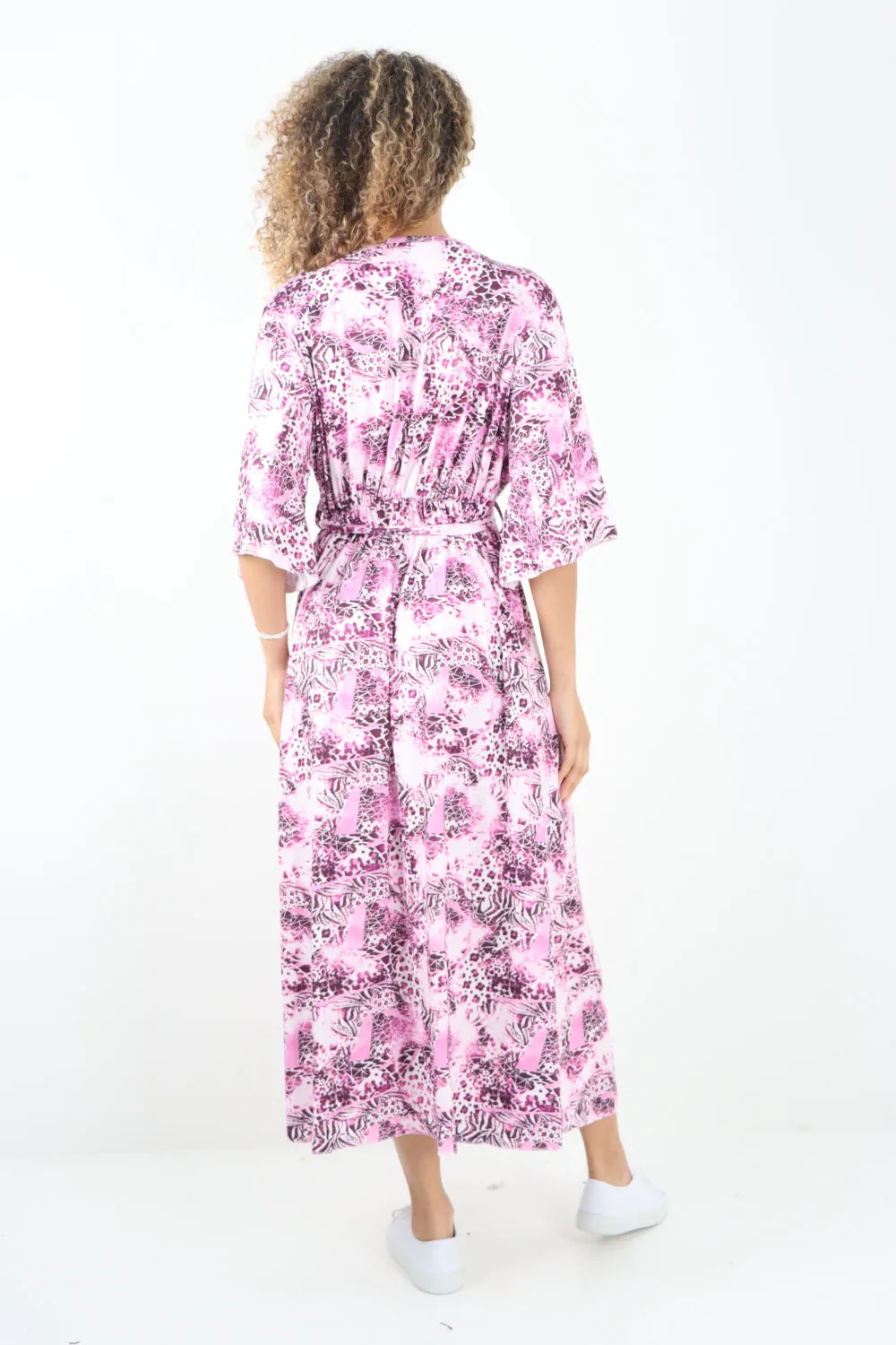 Italian Printed Wrap Over Belted Maxi Dress