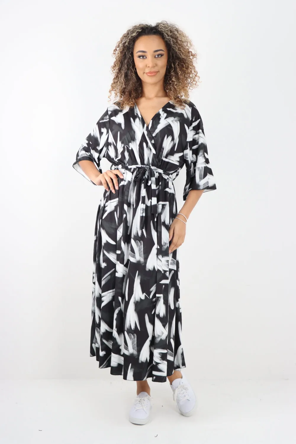 Italian Printed Wrap Over Belted Maxi Dress