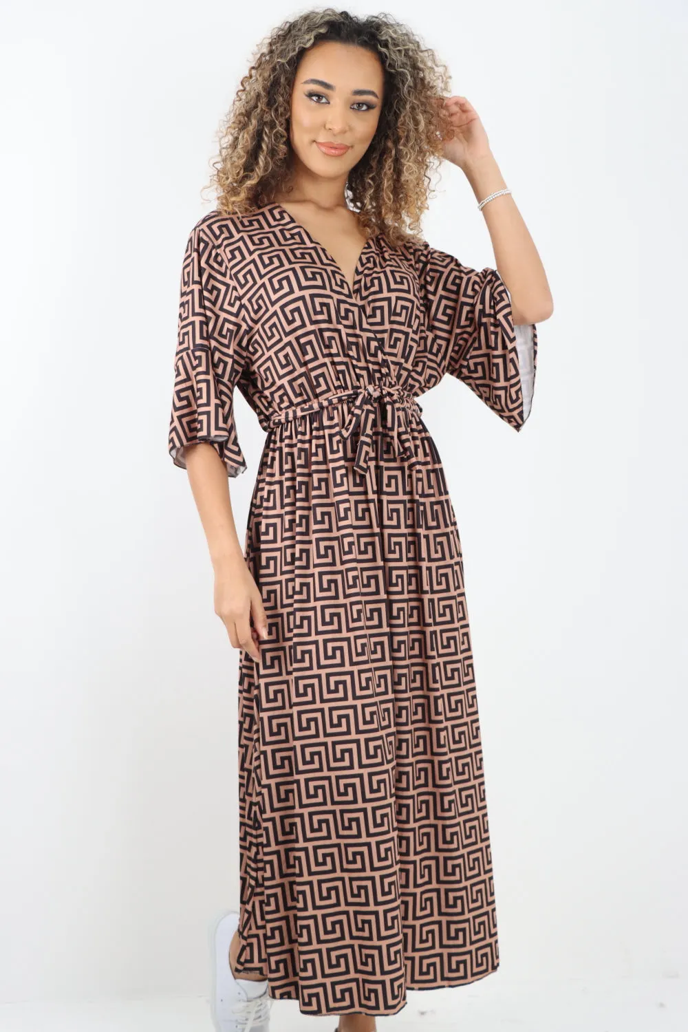 Italian Printed Wrap Over Belted Maxi Dress