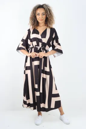 Italian Printed Wrap Over Belted Maxi Dress