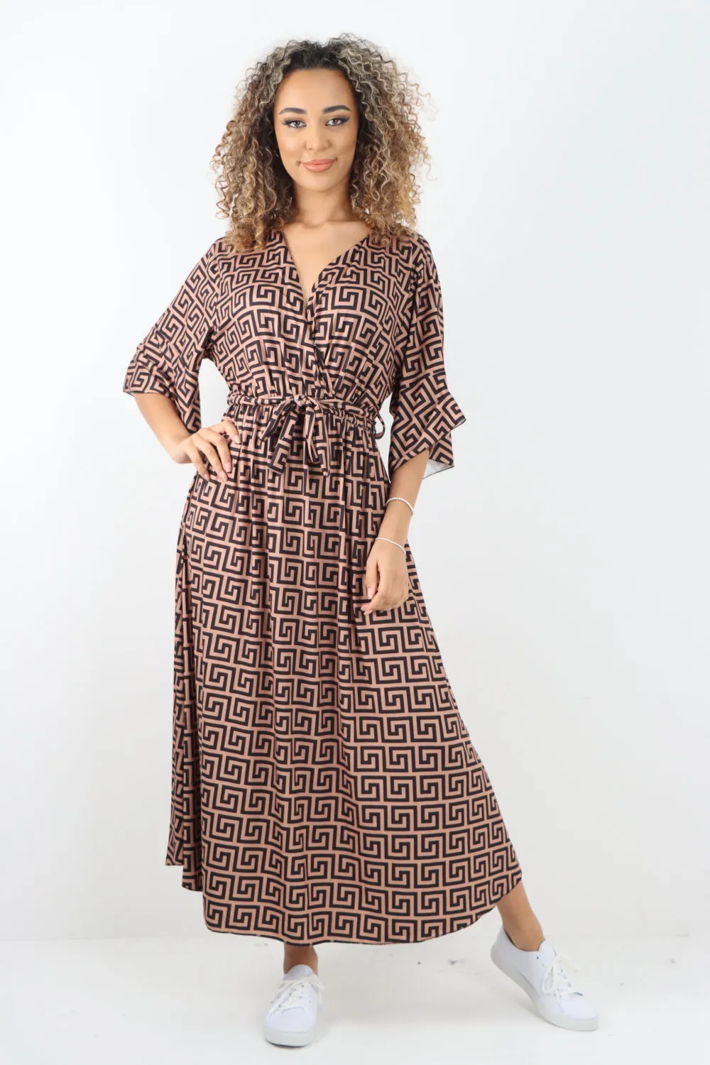 Italian Printed Wrap Over Belted Maxi Dress