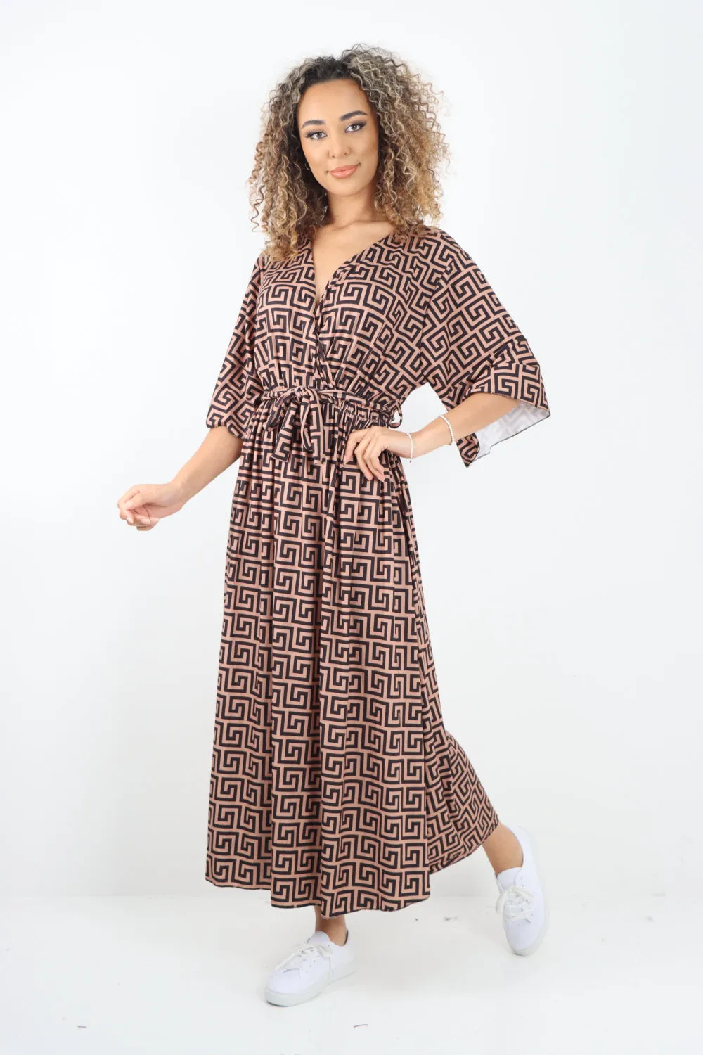 Italian Printed Wrap Over Belted Maxi Dress