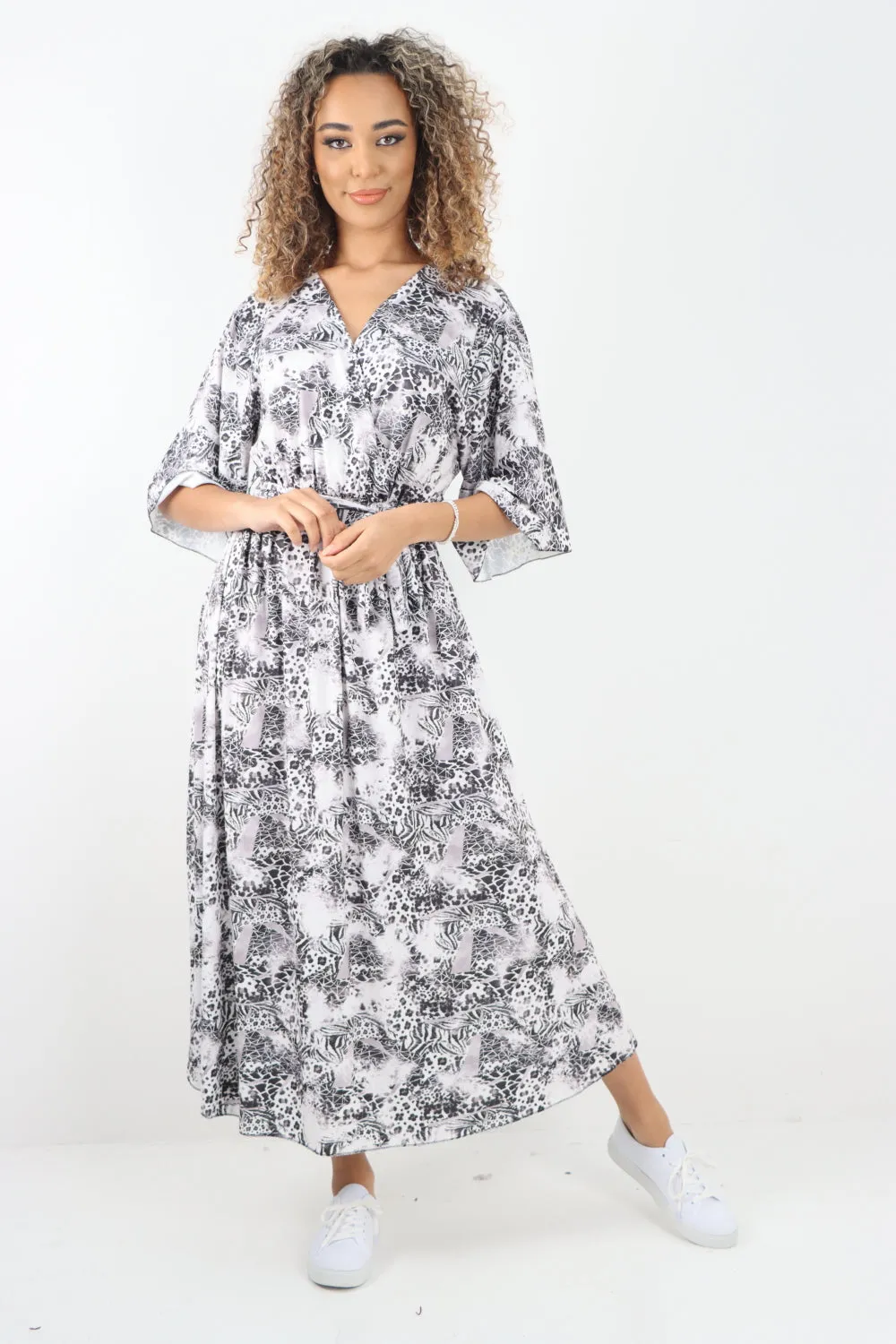 Italian Printed Wrap Over Belted Maxi Dress