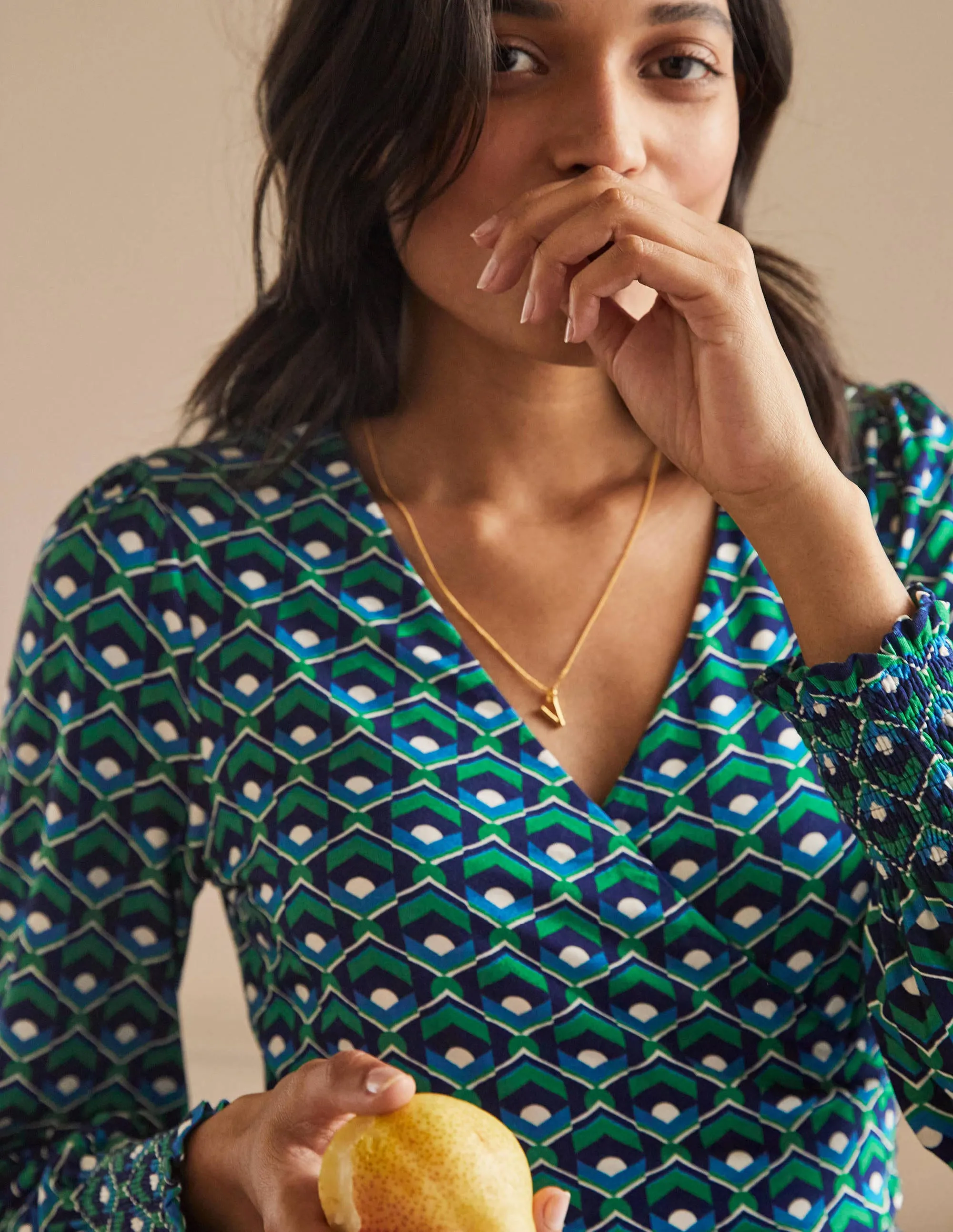 Jersey Wrap Dress-Highland Green, Geometric Tile