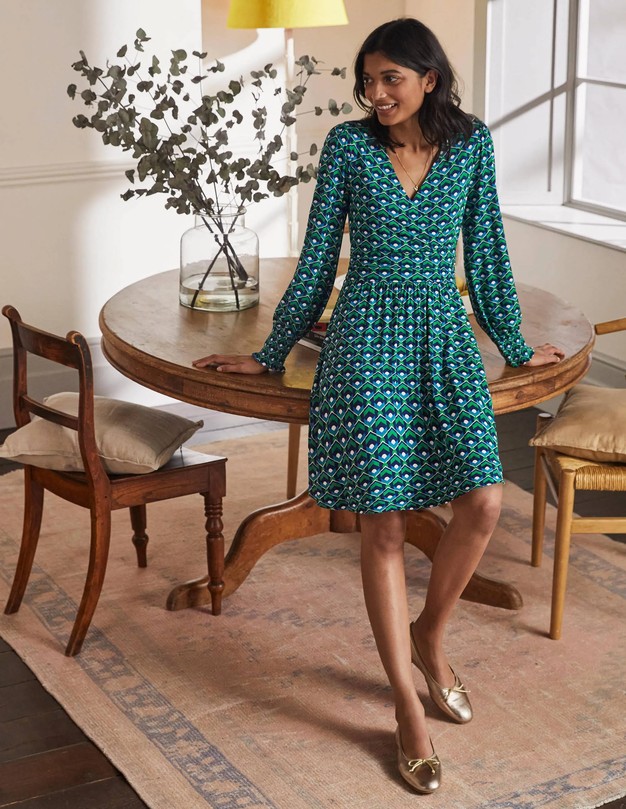 Jersey Wrap Dress-Highland Green, Geometric Tile