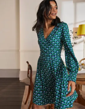 Jersey Wrap Dress-Highland Green, Geometric Tile
