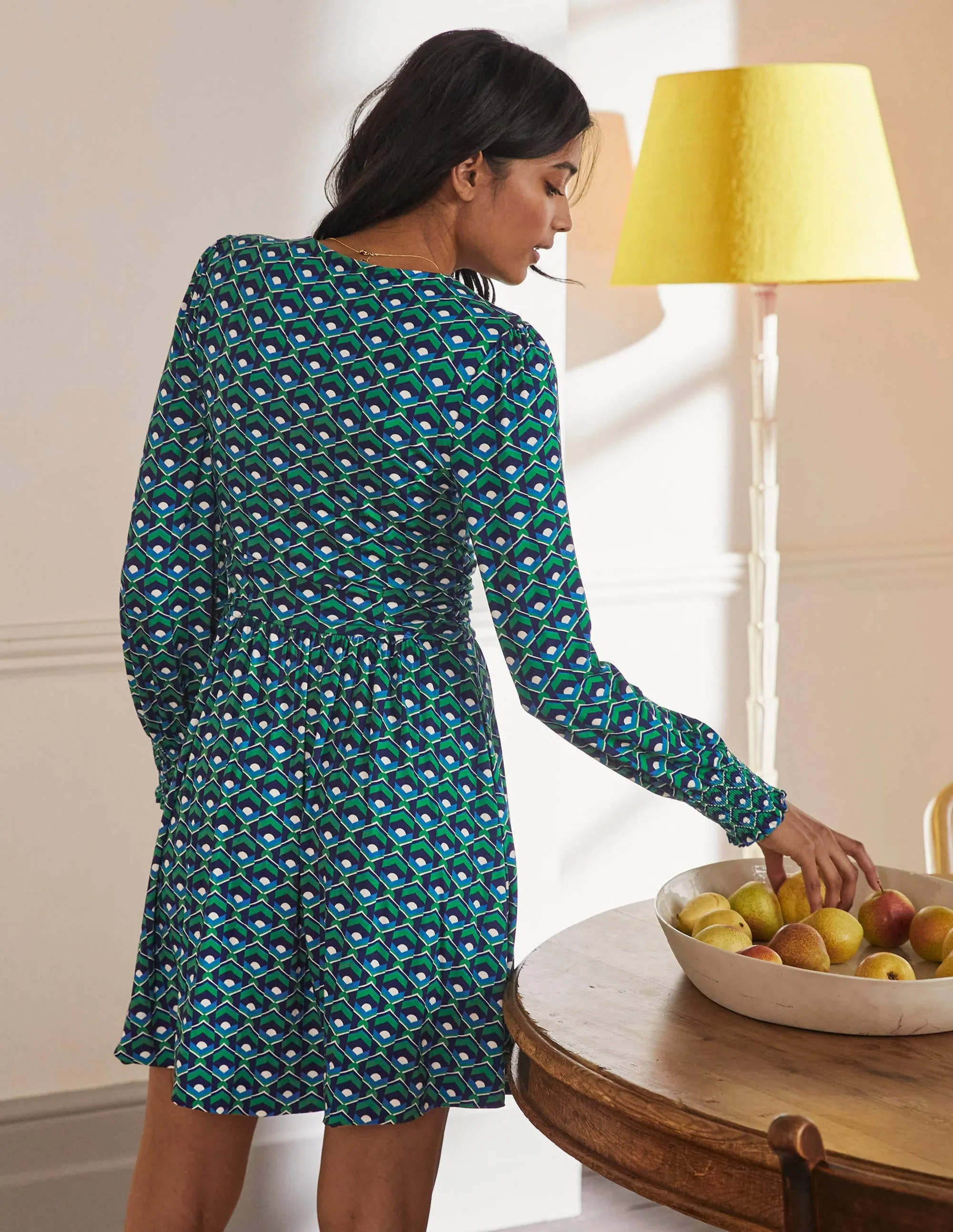 Jersey Wrap Dress-Highland Green, Geometric Tile