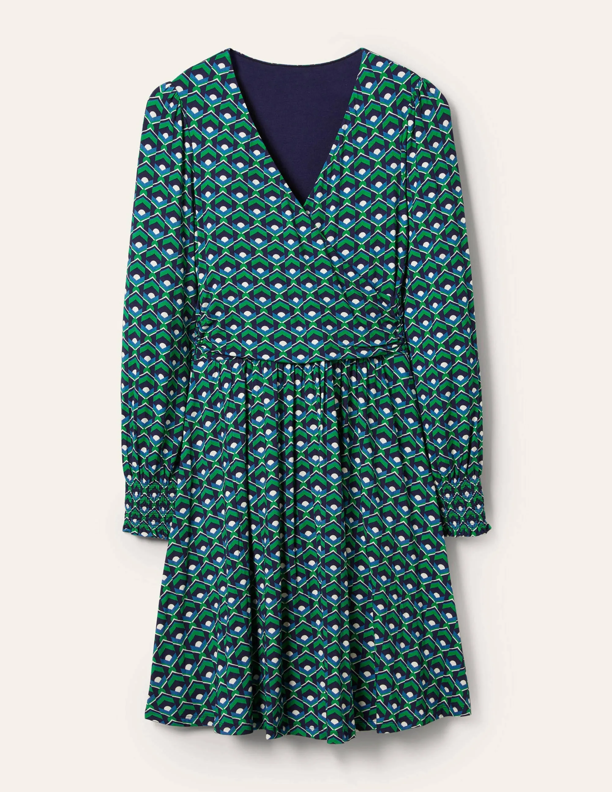 Jersey Wrap Dress-Highland Green, Geometric Tile