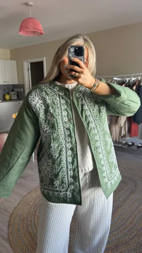 Khaki Quilted Embroidered Bomber Jacket