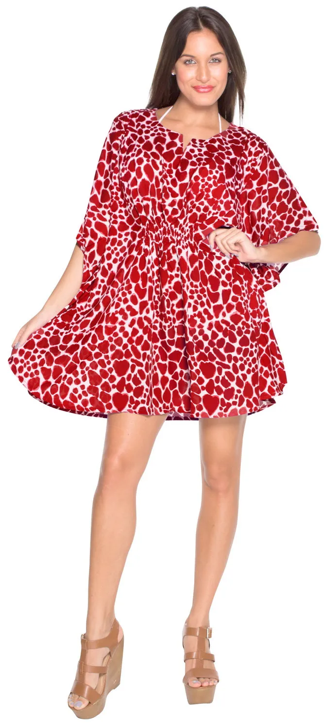 La Leela Red white likre Animal printed Round V Nack Swim Cover Up