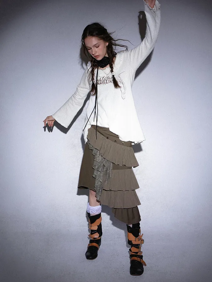 Lace Splicing Ruffled Irregular Mid-length Skirt