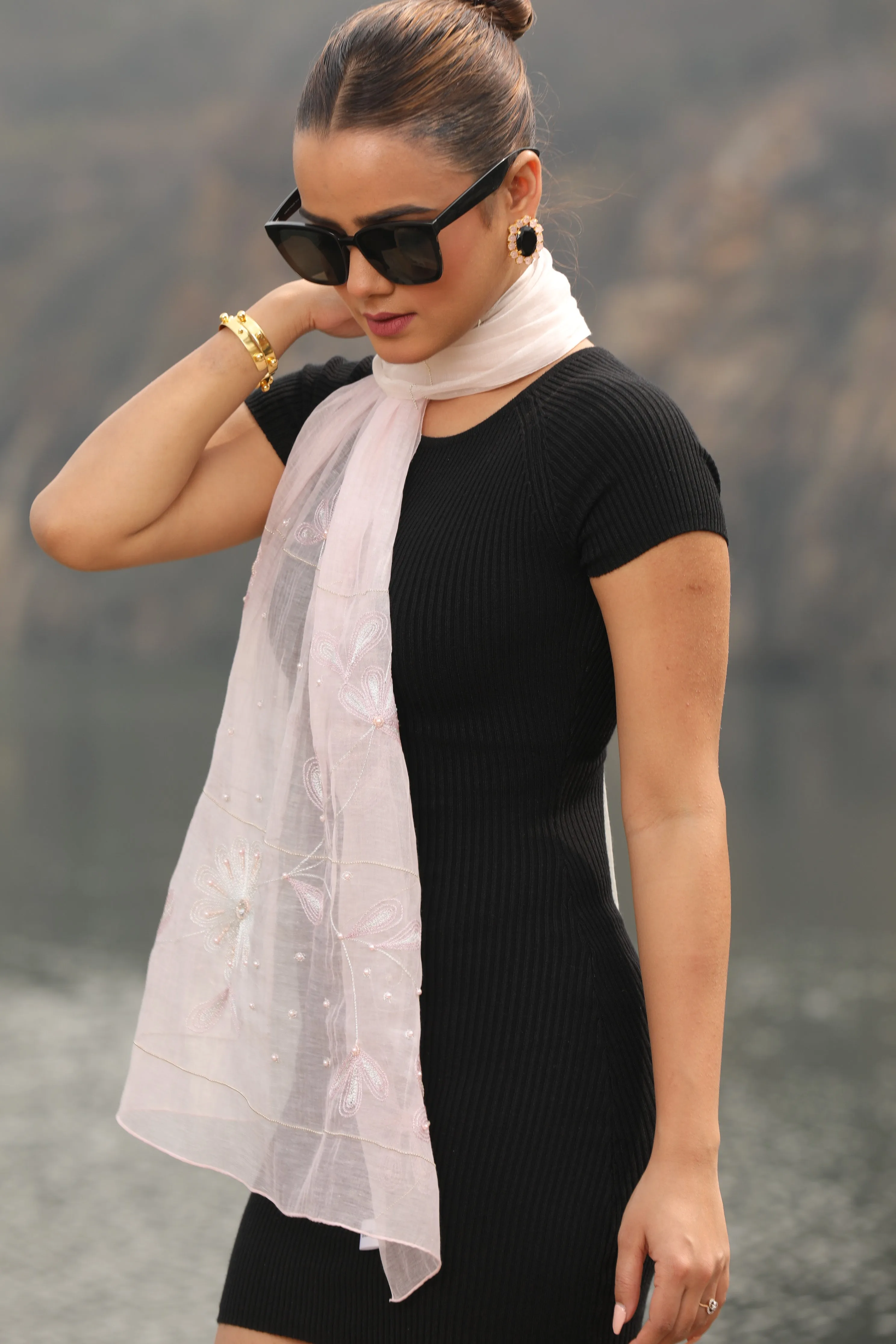 Light Pink Embroidered Cotton Scarf: Elegant Headscarf