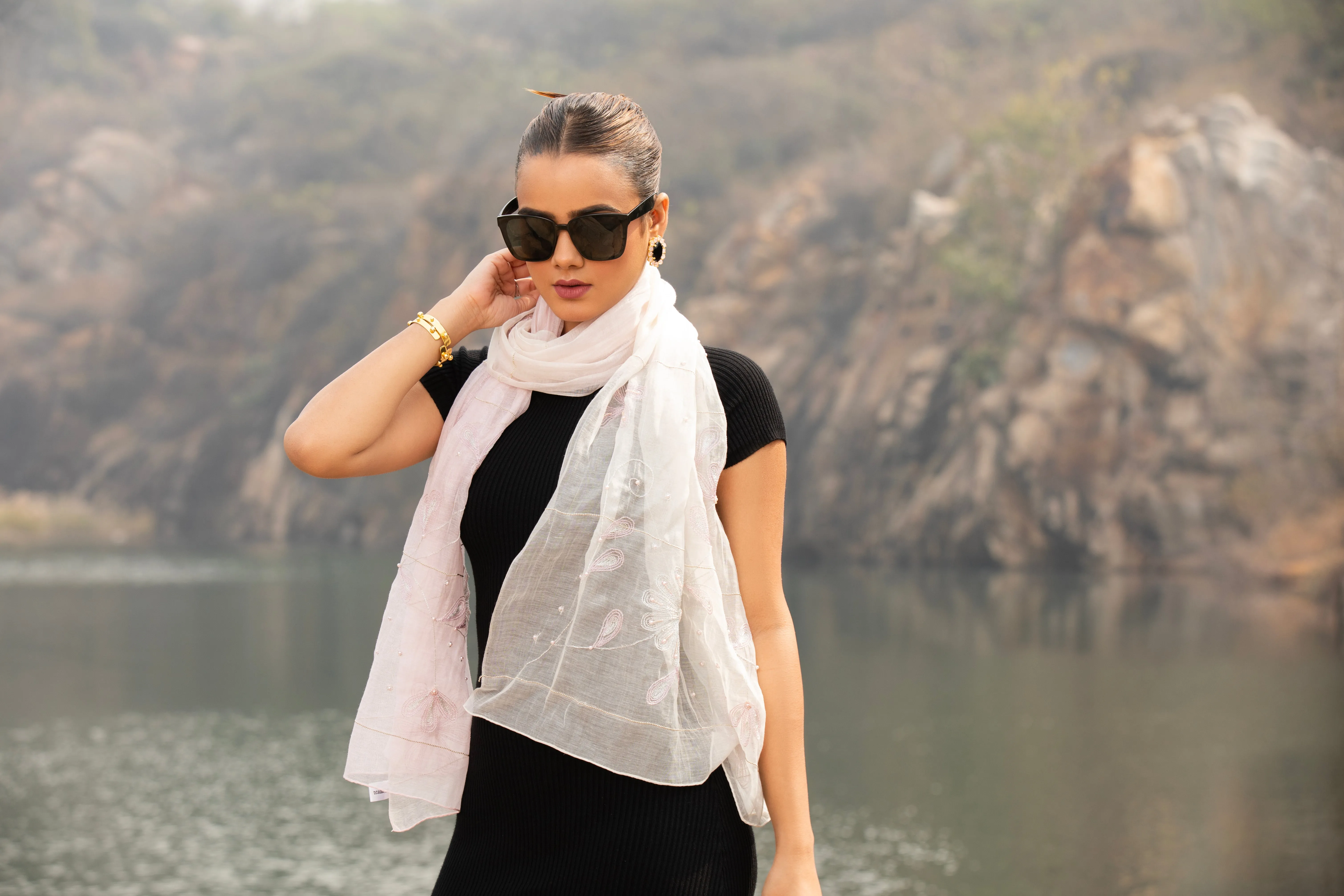 Light Pink Embroidered Cotton Scarf: Elegant Headscarf