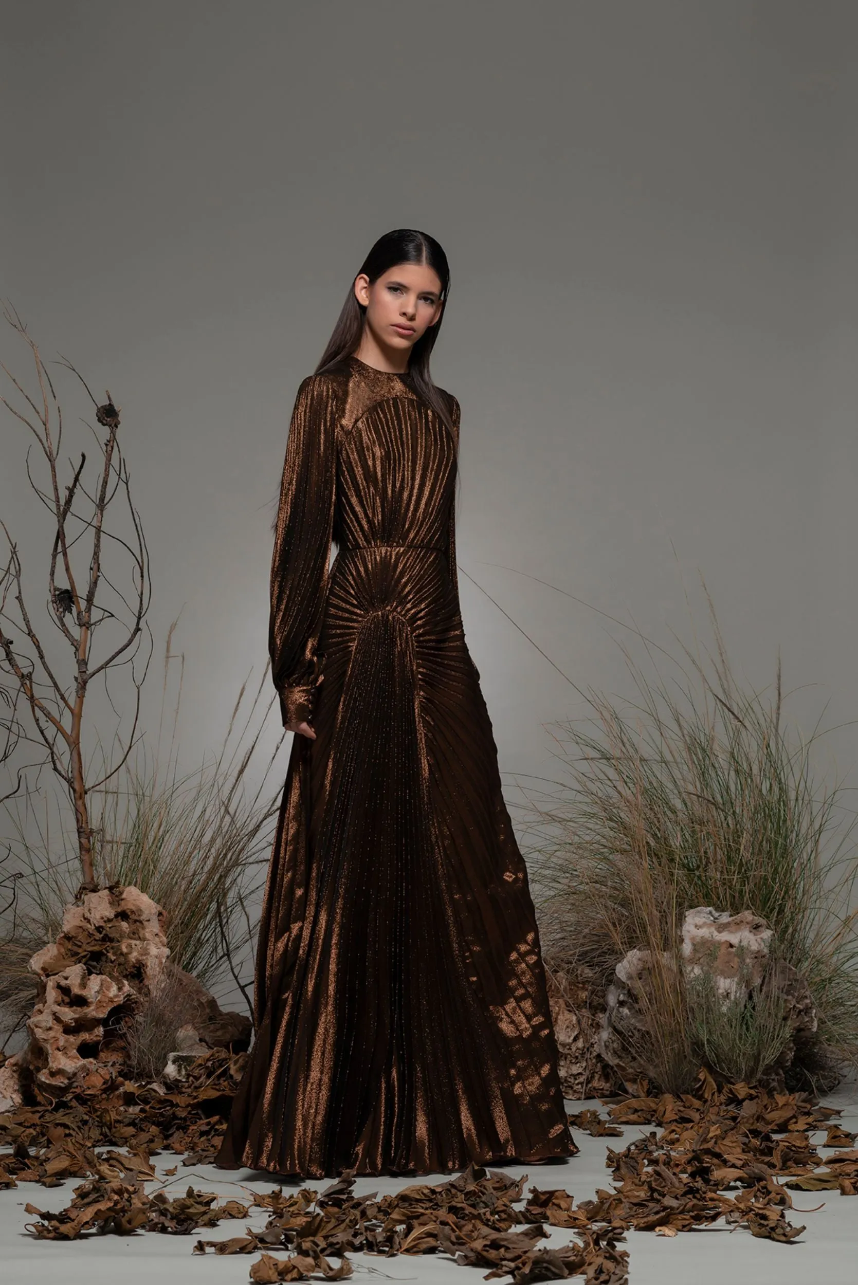 Long-Sleeved Pleated A-line Dress