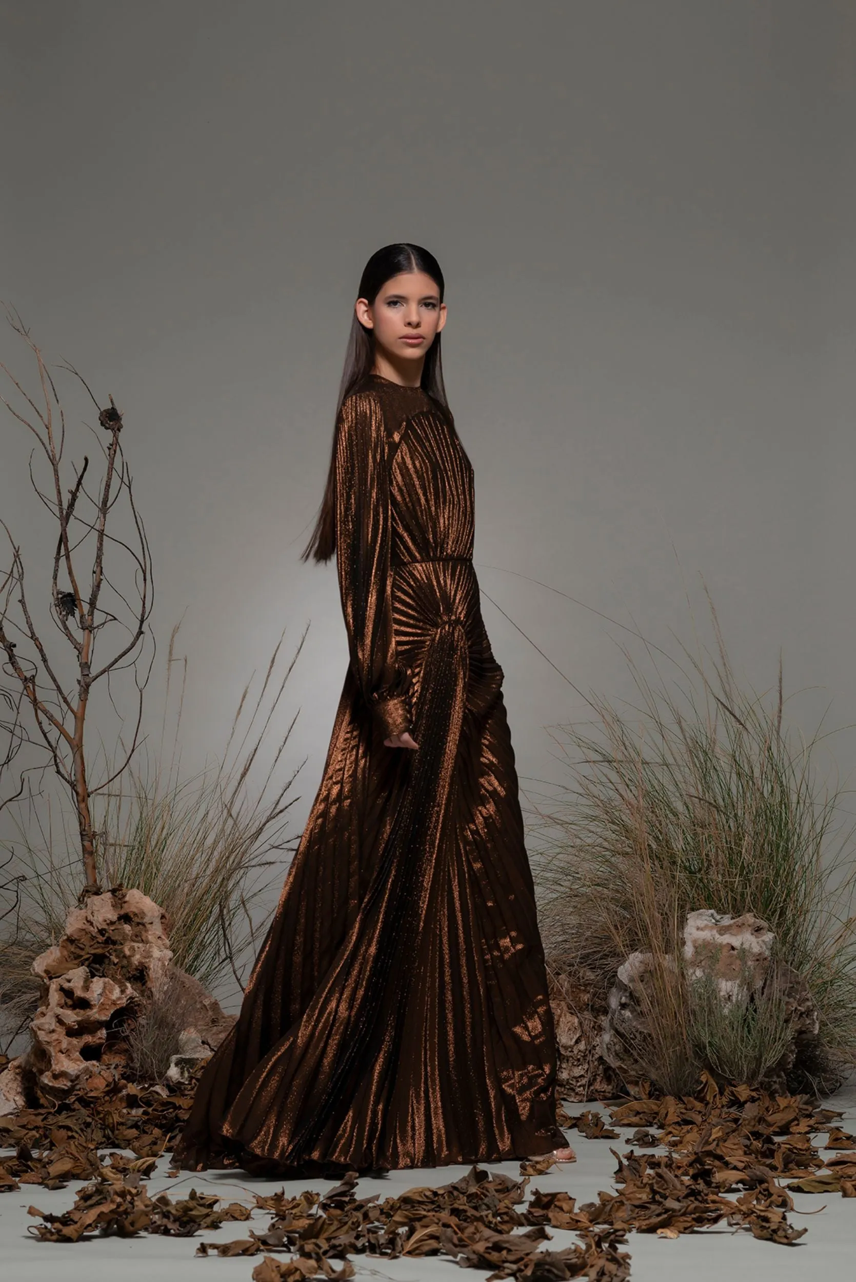 Long-Sleeved Pleated A-line Dress