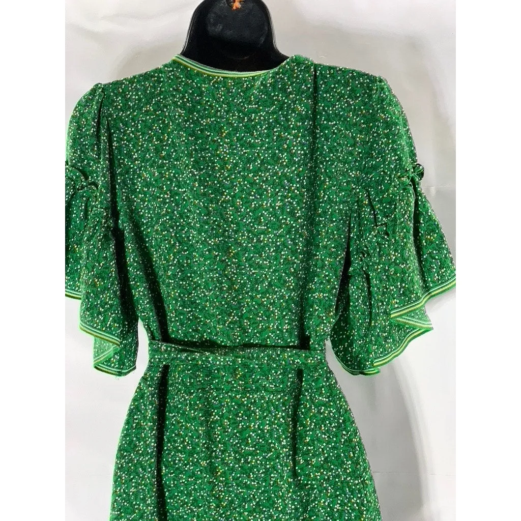 MAX STUDIO Women's Dark Green Floral Print Ruffle Wrap Knee Length Dress SZ M