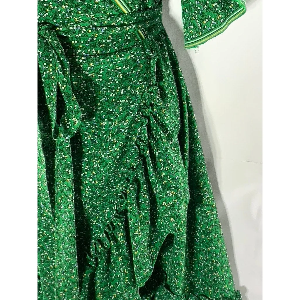 MAX STUDIO Women's Dark Green Floral Print Ruffle Wrap Knee Length Dress SZ M