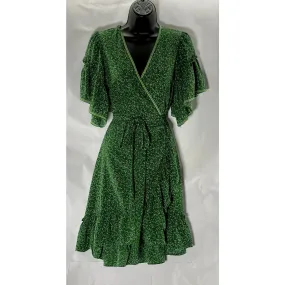 MAX STUDIO Women's Dark Green Floral Print Ruffle Wrap Knee Length Dress SZ M
