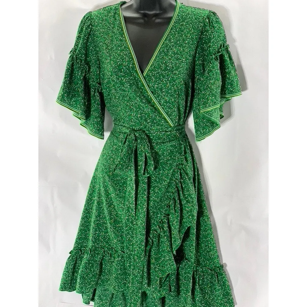 MAX STUDIO Women's Dark Green Floral Print Ruffle Wrap Knee Length Dress SZ M