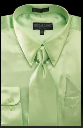 Men's Apple Green Satin Dress Shirt with Tie & Handkerchief