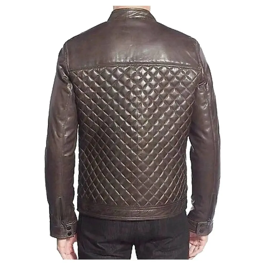 Men's Cafe Racer Diamond Bomber Leather Jacket - Stylish & Bold