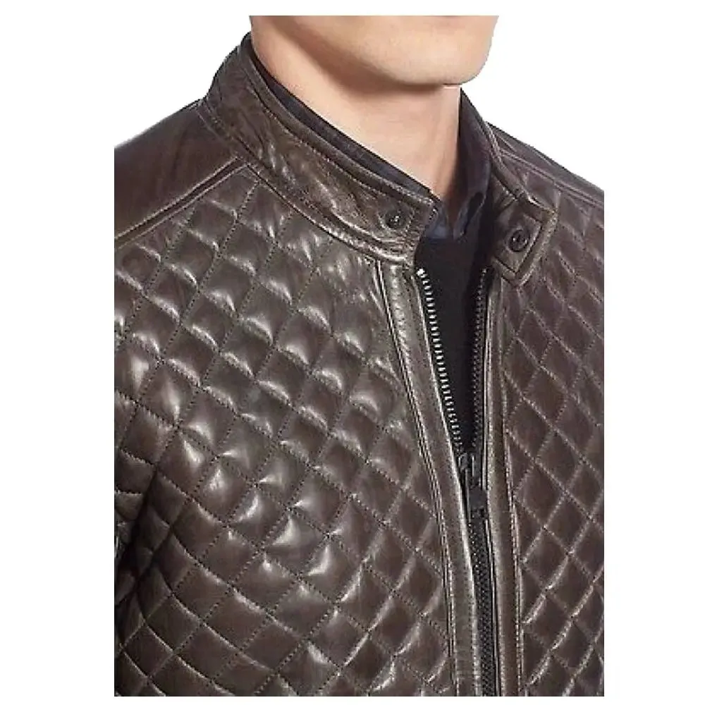 Men's Cafe Racer Diamond Bomber Leather Jacket - Stylish & Bold