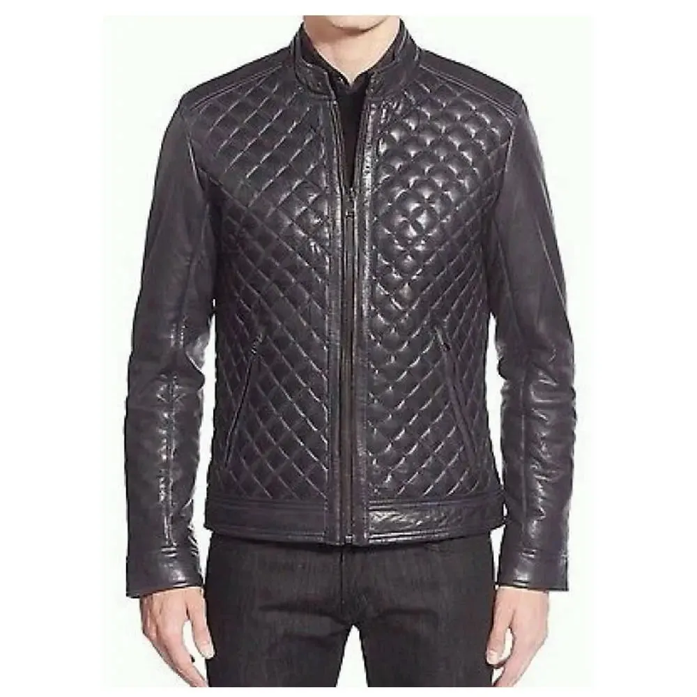 Men's Cafe Racer Diamond Bomber Leather Jacket - Stylish & Bold