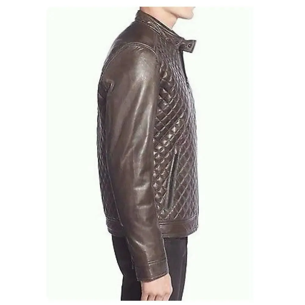 Men's Cafe Racer Diamond Bomber Leather Jacket - Stylish & Bold