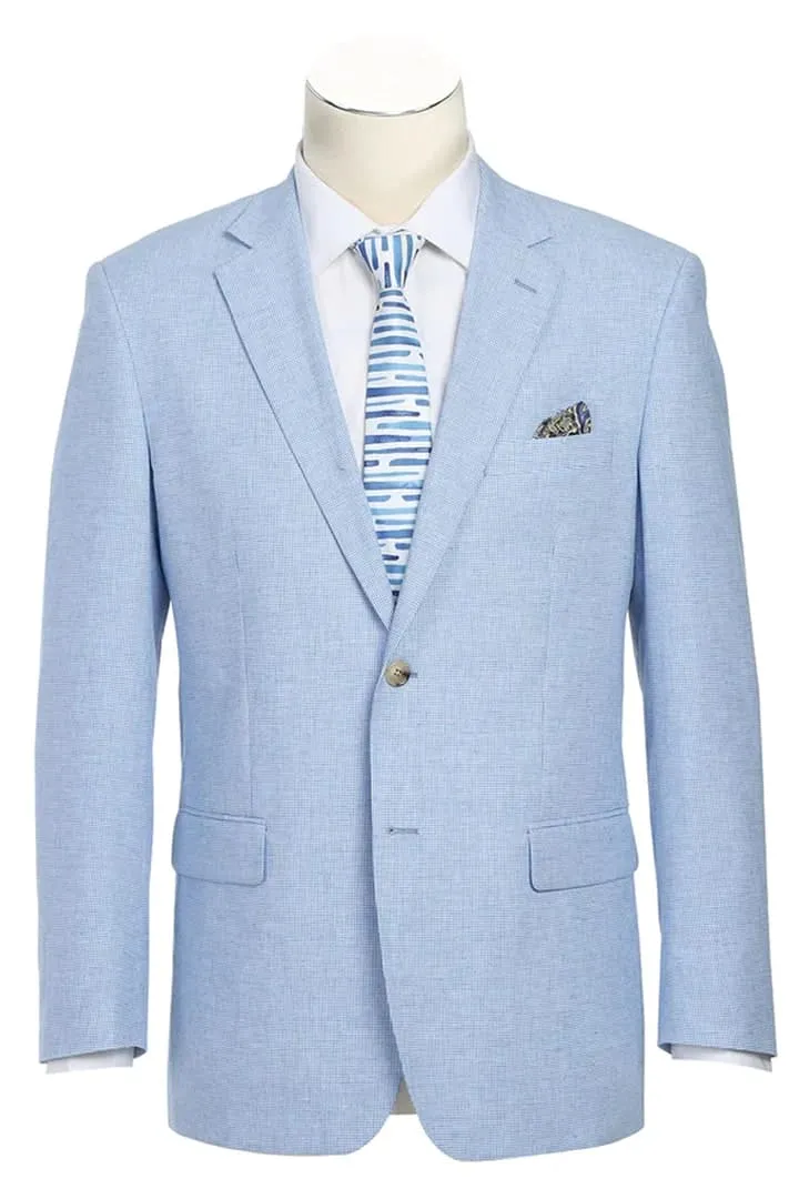 Mens Classic Two Button Linen & Cotton Summer Sport Coat Sky Blue Blazer Houndstooth