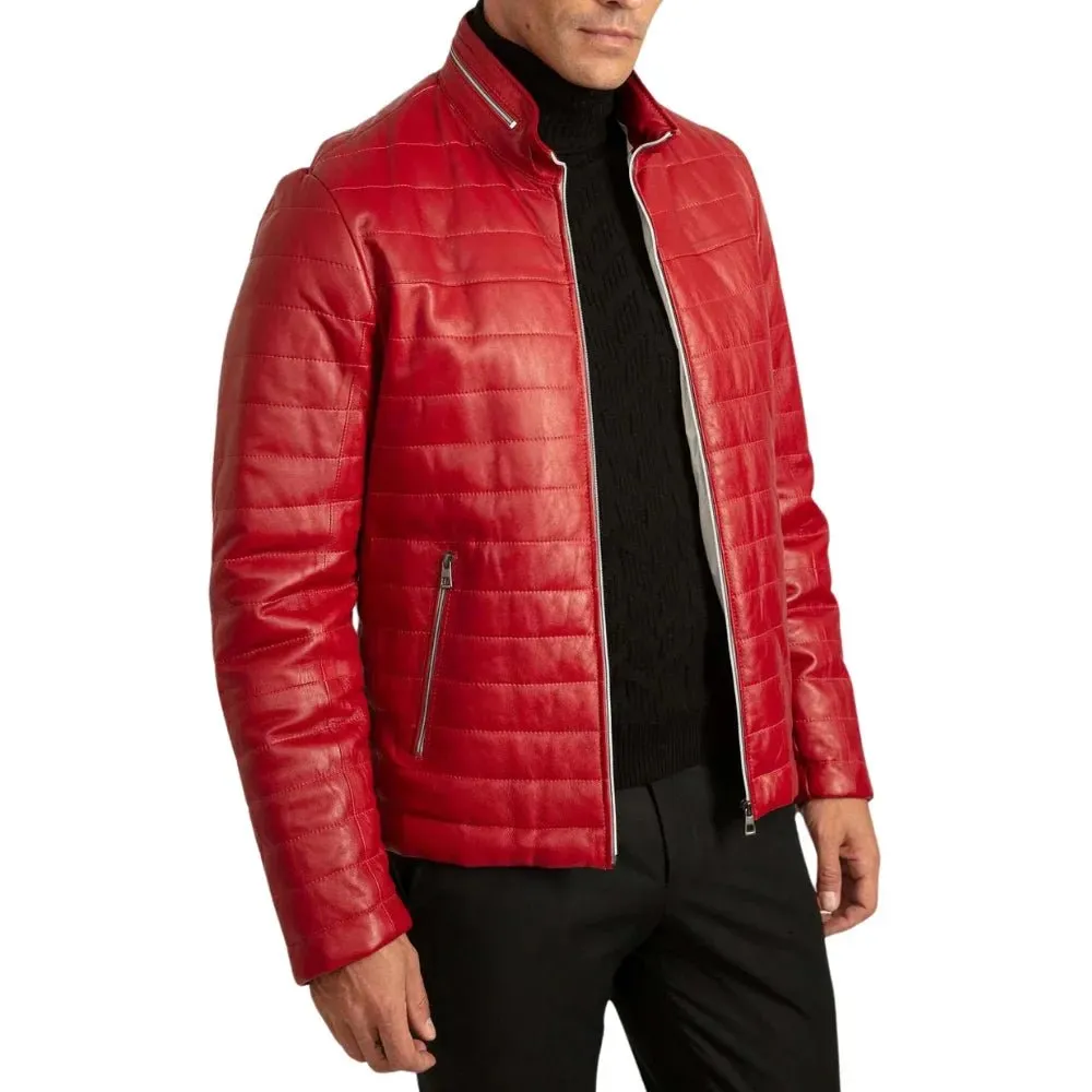 Men's Red Leather Lambskin Puffer Jacket