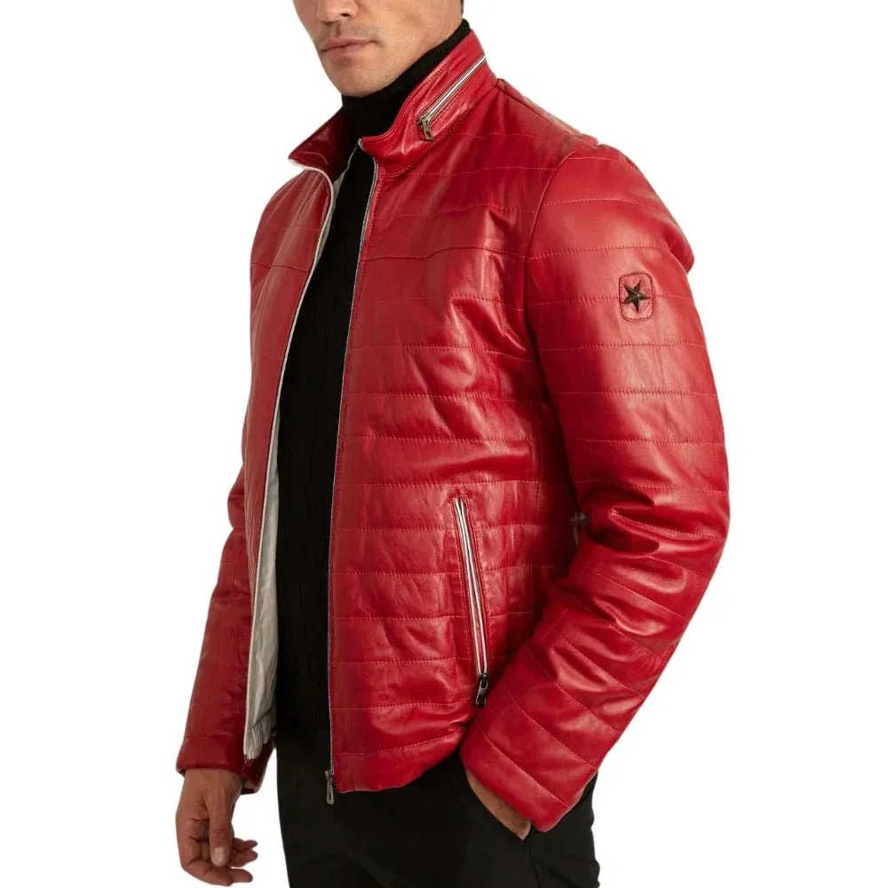Men's Red Leather Lambskin Puffer Jacket