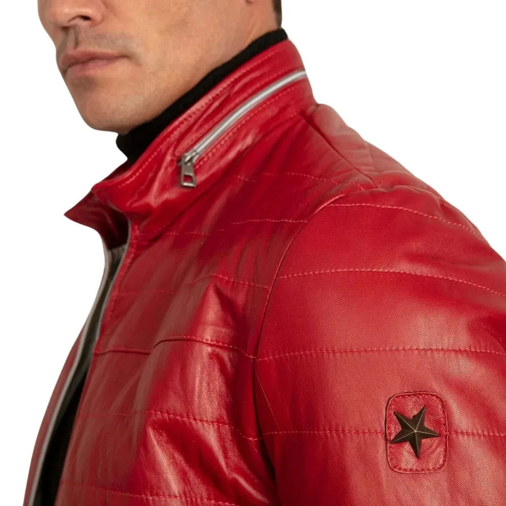 Men's Red Leather Lambskin Puffer Jacket