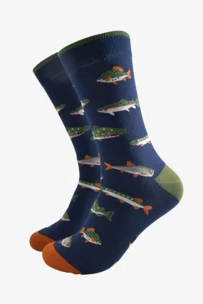 Men's River Fishing Bamboo Socks - Navy Blue/Green